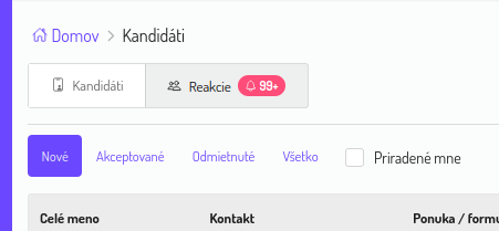 Kandidáti — záložka Reakcie